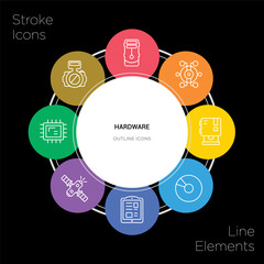 8 hardware concept stroke icons infographic design on black background