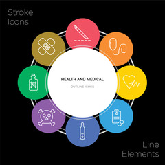 8 health and medical concept stroke icons infographic design on black background