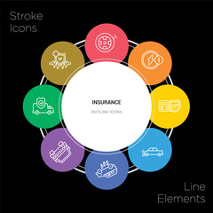 8 insurance concept stroke icons infographic design on black background