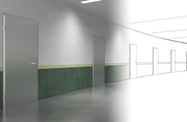 Obraz premium long corridor with doors, interior visualization, 3D illustration