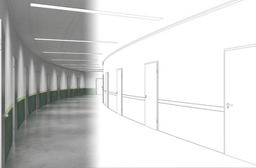 long corridor with doors, interior visualization, 3D illustration