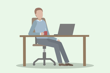Caucasian woman sitting at desk and drinking coffee. Vector illustration.