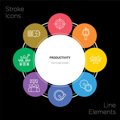8 productivity concept stroke icons infographic design on black background