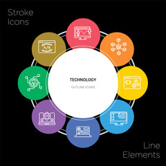 8 technology concept stroke icons infographic design on black background