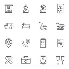 Ambulance line icons set. linear style symbols collection, outline signs pack. vector graphics. Set includes icons as doctor, nurse, hospital building, wheelchair, stretcher, crutches, first aid kit