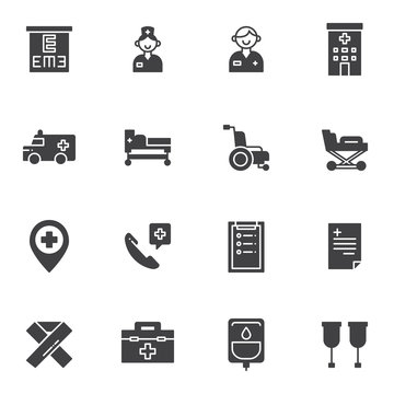 Ambulance vector icons set, modern solid symbol collection filled style pictogram pack. Signs logo illustration. Set includes icons as doctor, nurse, hospital building, wheelchair, stretcher, crutches