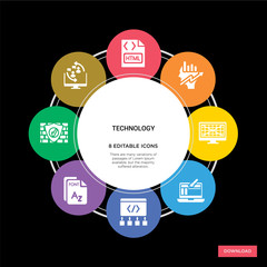 8 technology concept icons infographic design. technology concept infographic design on black background