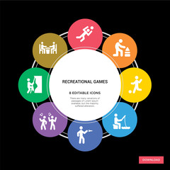 8 recreational games concept icons infographic design. recreational games concept infographic design on black background