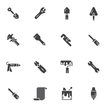 Home repair tool vector icons set, modern solid symbol collection, filled style pictogram pack. Signs, logo illustration. Set includes icons as screwdriver, wrench, construction trowel, paint roller