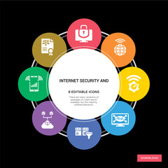 8 internet security and concept icons infographic design. internet security and concept infographic design on black background