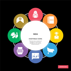 8 india concept icons infographic design. india concept infographic design on black background