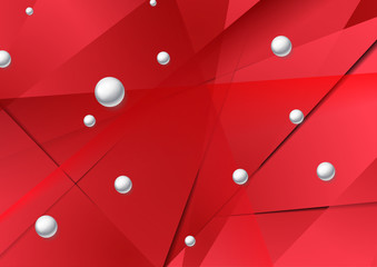 Bright red low poly graphic design with circle beads. Geometric glossy 3d spheres. Abstract polygonal tech background. Vector illustration