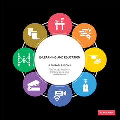 8 e-learning and education concept icons infographic design. e-learning and education concept infographic design on black background