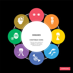 8 diseases concept icons infographic design. diseases concept infographic design on black background