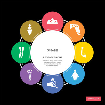 8 diseases concept icons infographic design. diseases concept infographic design on black background