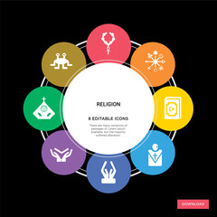 8 religion concept icons infographic design. religion concept infographic design on black background