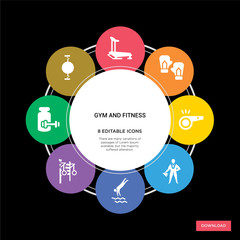8 gym and fitness concept icons infographic design. gym and fitness concept infographic design on black background