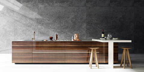 modern interior design kitchen, dark tone stone slab wall with bright floor, high contrast, 3d...