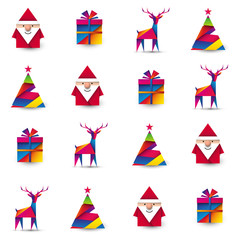 Święty Mikołaj, renifer, choinka i prezent origami. Bezszwowe tło wektor - obrazy, fototapety, plakaty