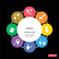 8 diseases concept icons infographic design. diseases concept infographic design on black background