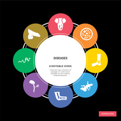 8 diseases concept icons infographic design. diseases concept infographic design on black background