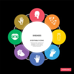 8 diseases concept icons infographic design. diseases concept infographic design on black background