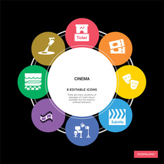 8 cinema concept icons infographic design. cinema concept infographic design on black background