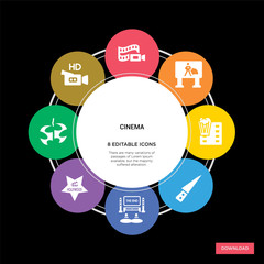 8 cinema concept icons infographic design. cinema concept infographic design on black background