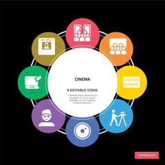 8 cinema concept icons infographic design. cinema concept infographic design on black background