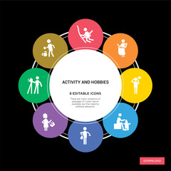 8 activity and hobbies concept icons infographic design. activity and hobbies concept infographic design on black background