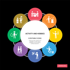 8 activity and hobbies concept icons infographic design. activity and hobbies concept infographic design on black background