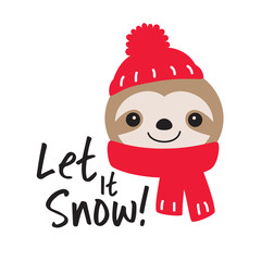 Vector illustration of cute sloth wearing red winter hat and scarf. Christmas holiday sloth.