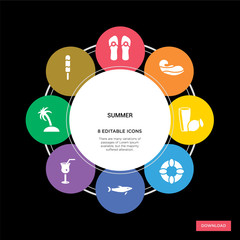 8 summer concept icons infographic design. summer concept infographic design on black background