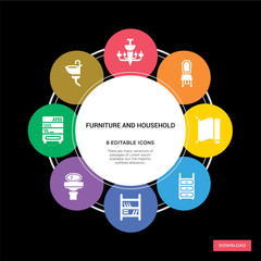 8 furniture and household concept icons infographic design. furniture and household concept infographic design on black background