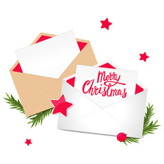 Christmas congratulation with two postcards in envelopes. Holiday decoration. Vector illustration.