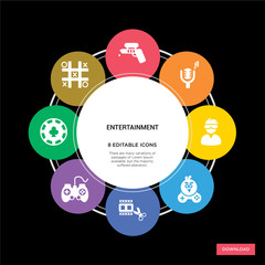 8 entertainment concept icons infographic design. entertainment concept infographic design on black background