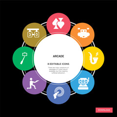 8 arcade concept icons infographic design. arcade concept infographic design on black background
