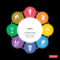 8 drinks concept icons infographic design. drinks concept infographic design on black background