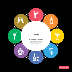 8 drinks concept icons infographic design. drinks concept infographic design on black background