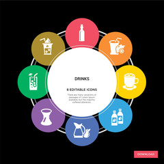 8 drinks concept icons infographic design. drinks concept infographic design on black background