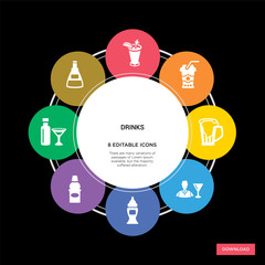 8 drinks concept icons infographic design. drinks concept infographic design on black background
