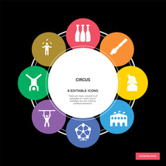 8 circus concept icons infographic design. circus concept infographic design on black background