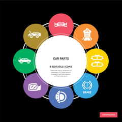 8 car parts concept icons infographic design. car parts concept infographic design on black background