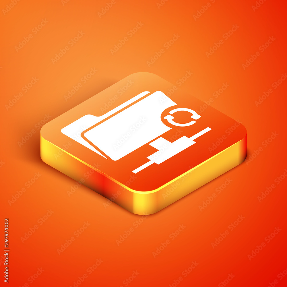 Poster isometric ftp sync refresh icon isolated on orange background. software update, transfer protocol, r