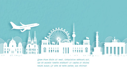 Travel poster with Welcome to Germany famous landmark in paper cut style vector illustration.