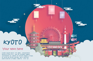 Obraz premium Travel poster of world famous landmarks of Kyoto, Japan in paper cut style vector illustration