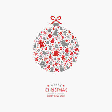 Beautiful Christmas bauble with festive icons and wishes. Xmas greeting card. Vector