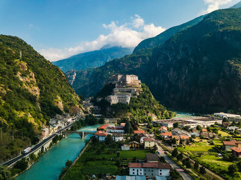 Aerial view of Fort Bard, Bard Fort, Castles of Valle d'Aosta, Bard fortress, Italy
