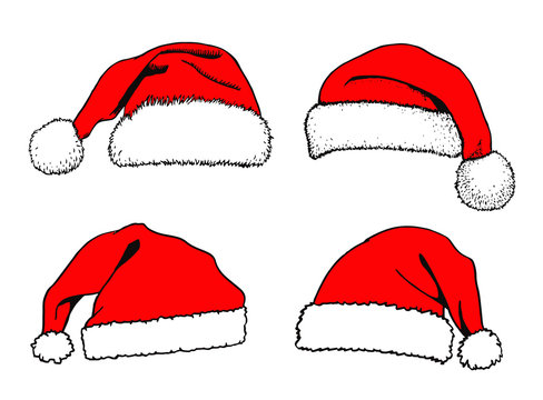 Graphical set of red Santa Claus hats isolated on white background,vector illustration