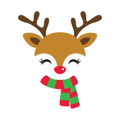 Vector illustration of cute reindeer face wearing red and green Christmas scarf.
